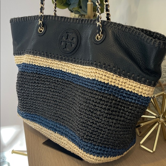 Tory Burch Black, Cream and Navy Woven Tote - Picture 2 of 8